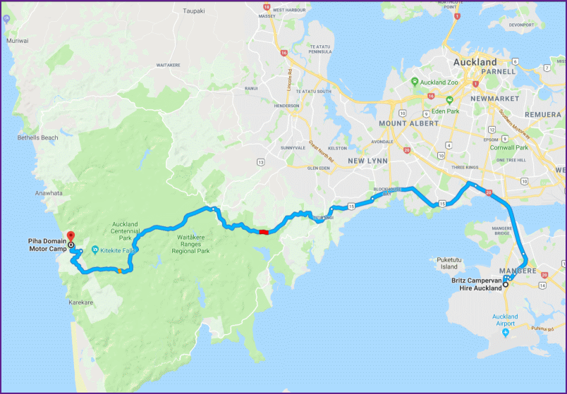 reiseroute von auckland nach piha