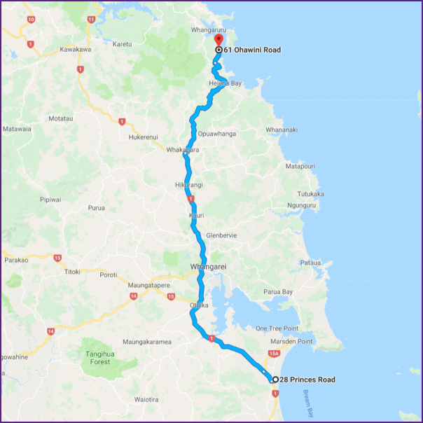 reiseroute von ruakaka nach whangaruru