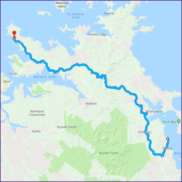 reiseroute von whangaruru nach russell