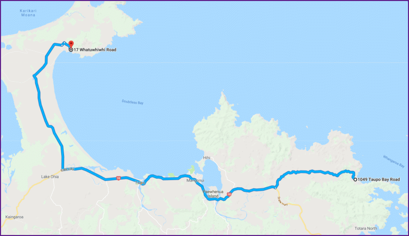 reiseroute von taupo bay nach whatuwhiwhi