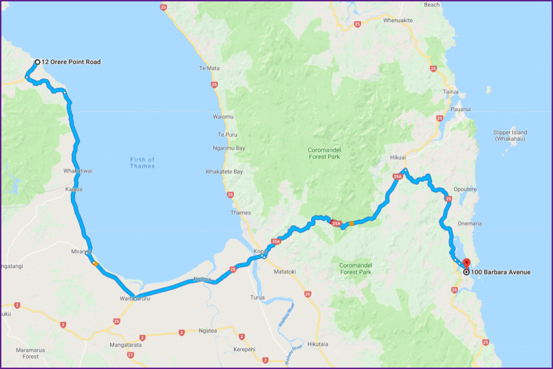 reiseroute von orere point nach whangamata