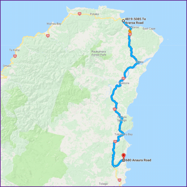 reiseroute von te araroa nach anaura bay