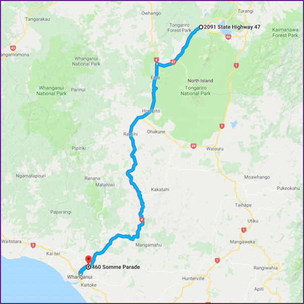 reiseroute vom 16.12.17 von tongariro nach whanganui