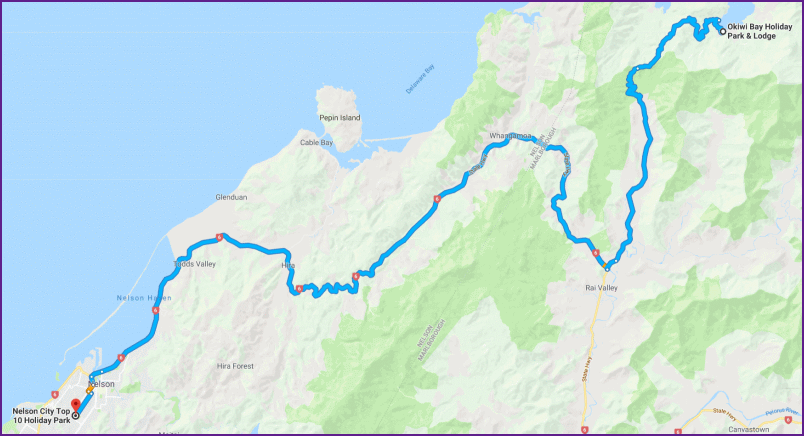 reiseroute von okiwi bay nach nelson