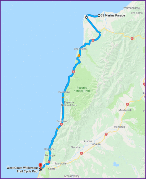 reiseroute von carters beach nach greymouth