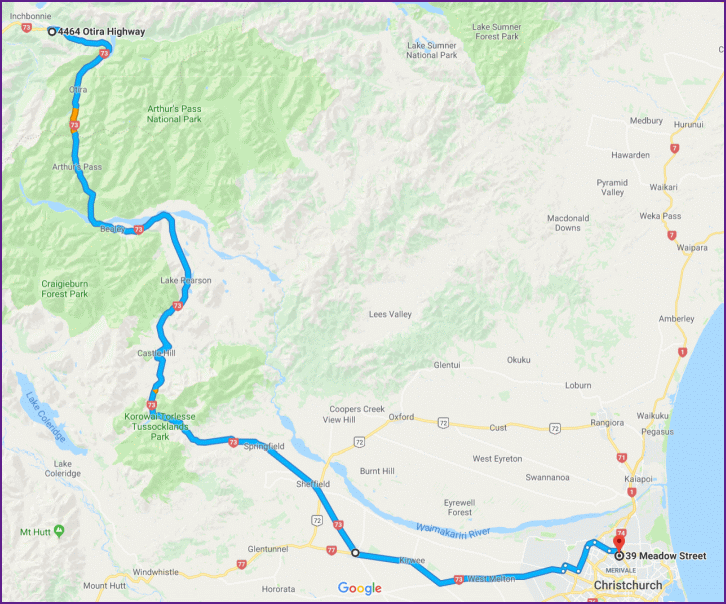 reiseroute von jacksons nach christchurch