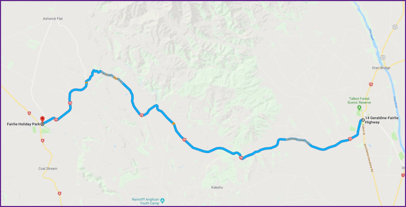 reiseroute von geraldine nach fairlie