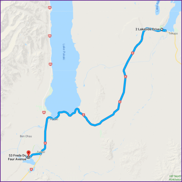 reiseroute von fairlie nach twizel