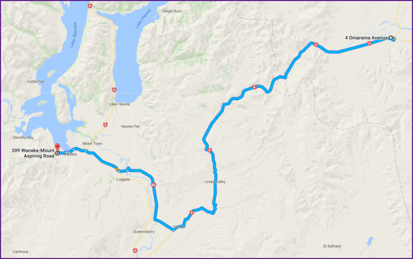 reiseroute von omarama nach wanaka