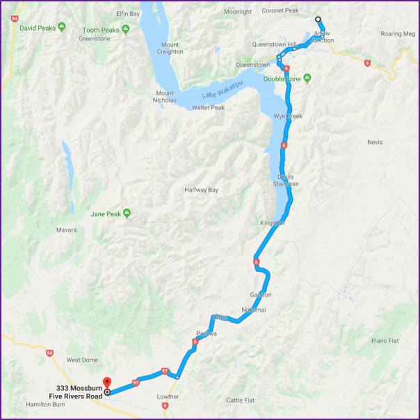 reiseroute von arrowtown nach mossburn