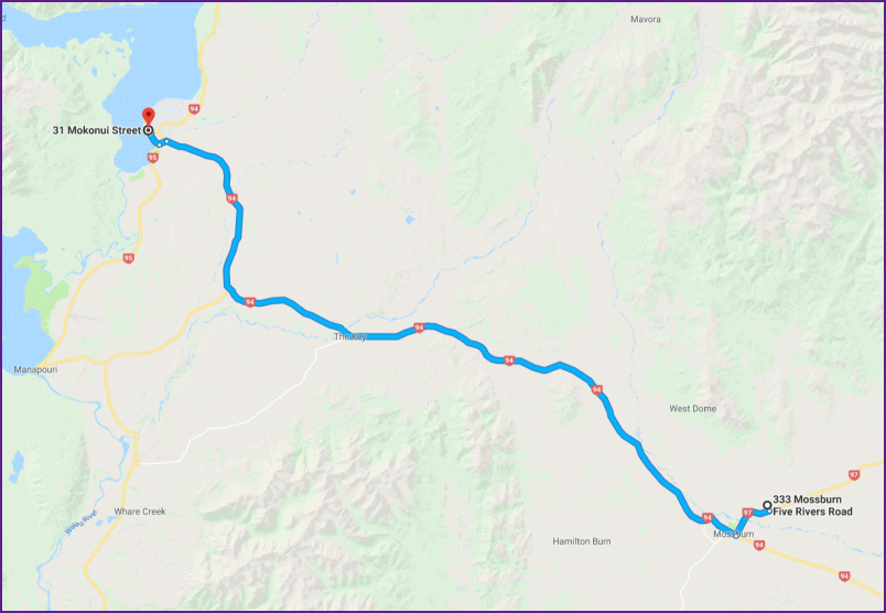 reiseroute von mossburn nach te anau