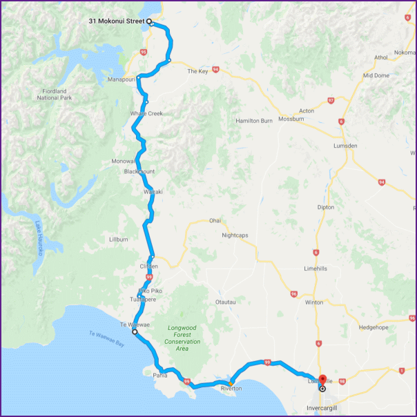 reiseroute von te anau nach invercargill