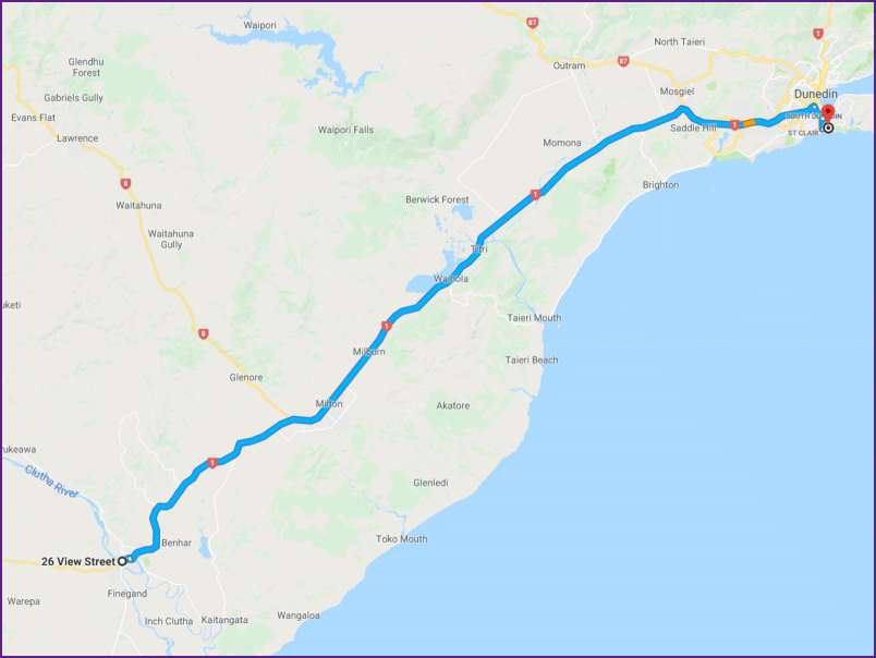 reiseroute von balclutha nach dunedin