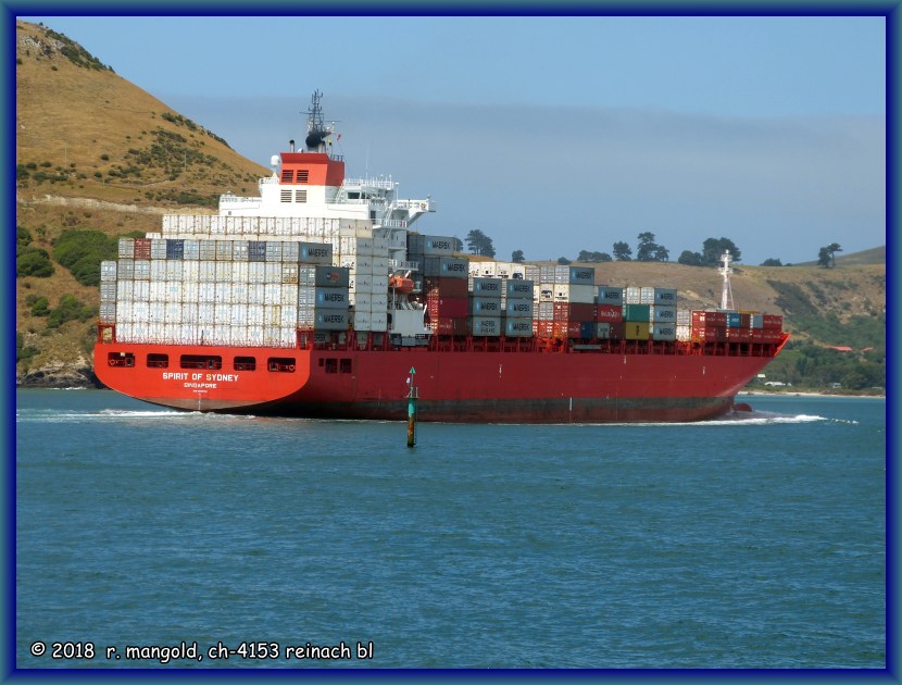 ein containerfrachter fhrt nach port chalmers hier in die bucht