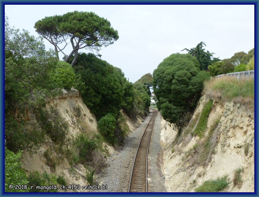 die einspurige eisenbahnstrecke vom hafen entlang der bucht von timaru