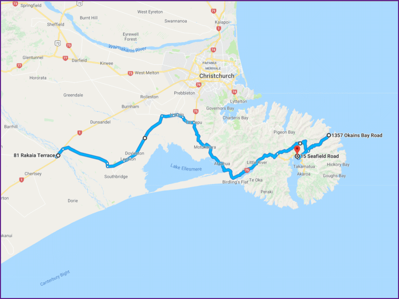 reiseroute von rakaia nach duvauchelle