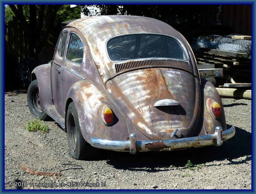 ein alter vw-kfer verrostet hier in einem hinterhof