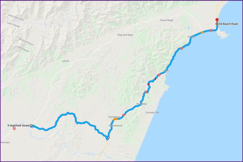 reiseroute von waiau nach kaikoura