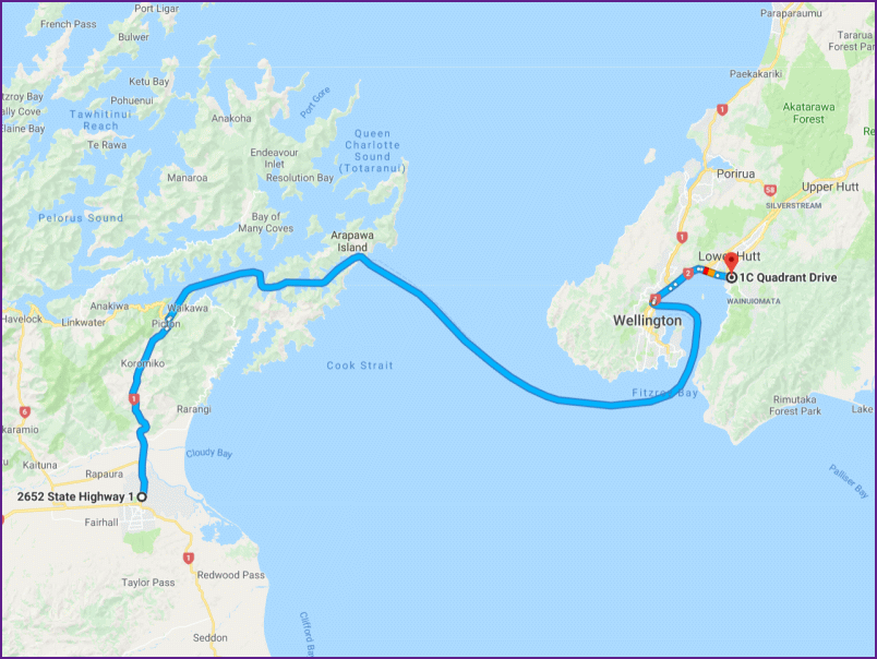 reiseroute vom 30.1.18 von blenheim nach lower hutt