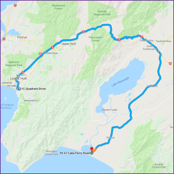 reiseroute vom 31.1.18 von lower hutt nach lake ferry