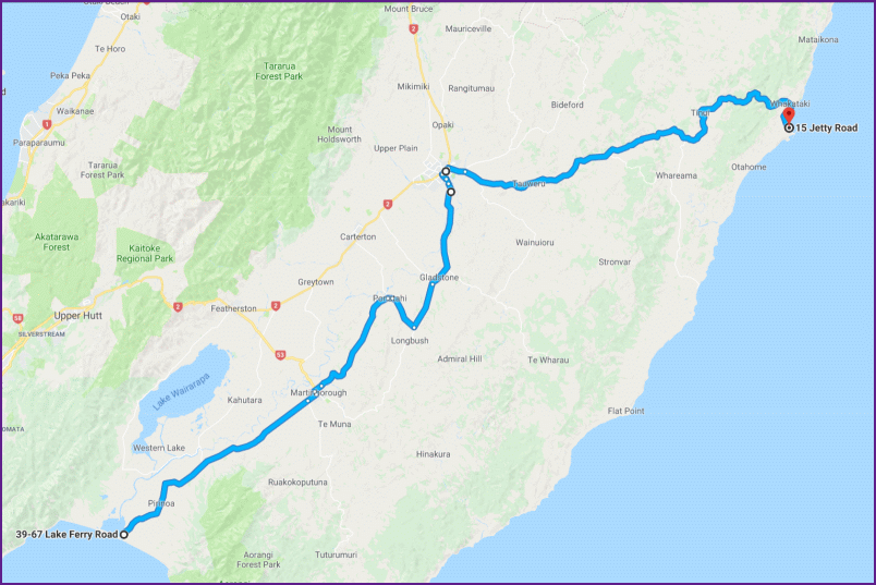 reiseroute vom 1.2.18 von lake ferry nach castlepoint