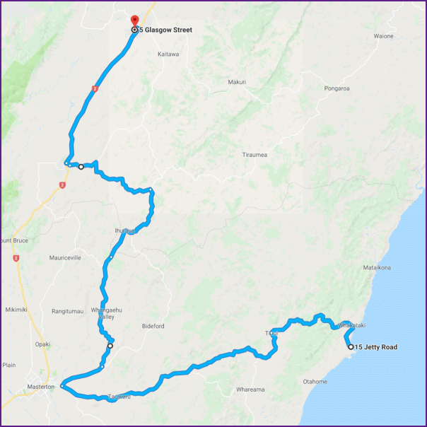 reiseroute vom 2.2.18 von castlepoint nach pahiatua