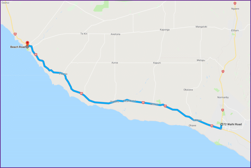 reiseroute vom 5.2.18 von hawera nach opunake