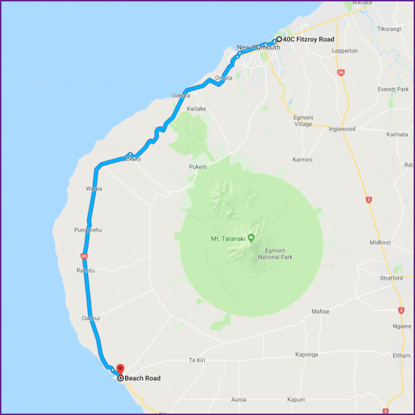 reiseroute vom 6.2.18 von opunake nach new plymouth