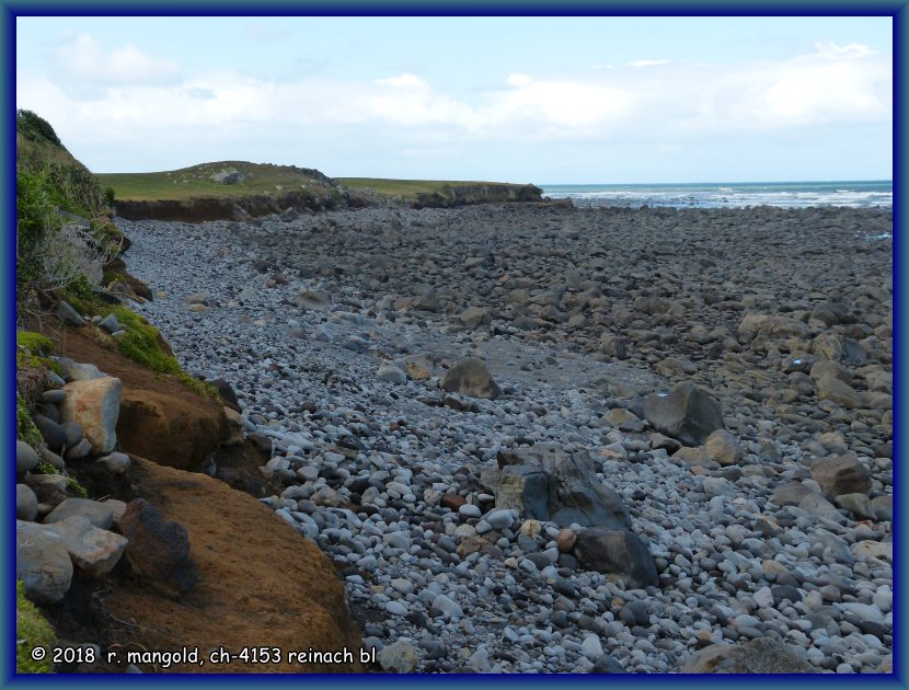 der strand bei cape egmont ist sehr steinig