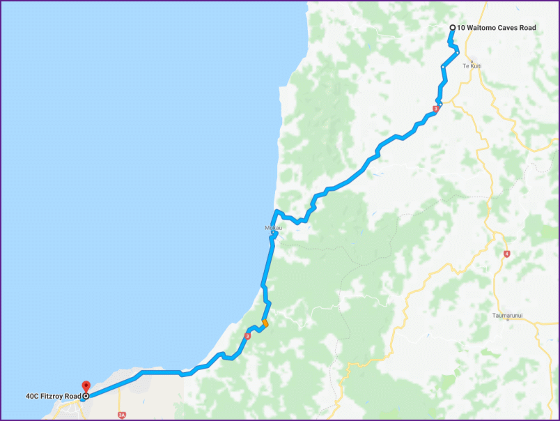 reiseroute vom 7.2.18 von  new plymouth nach waitomo