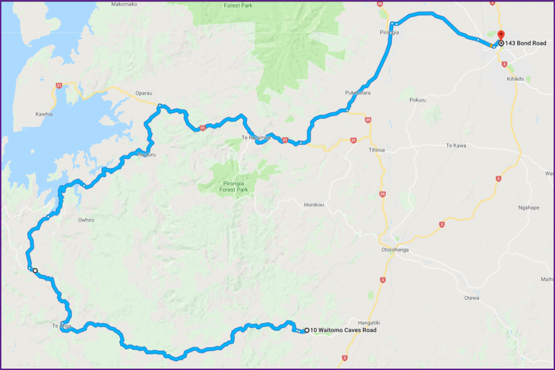 reiseroute vom 7.2.18 von waitomo nach te awamutu