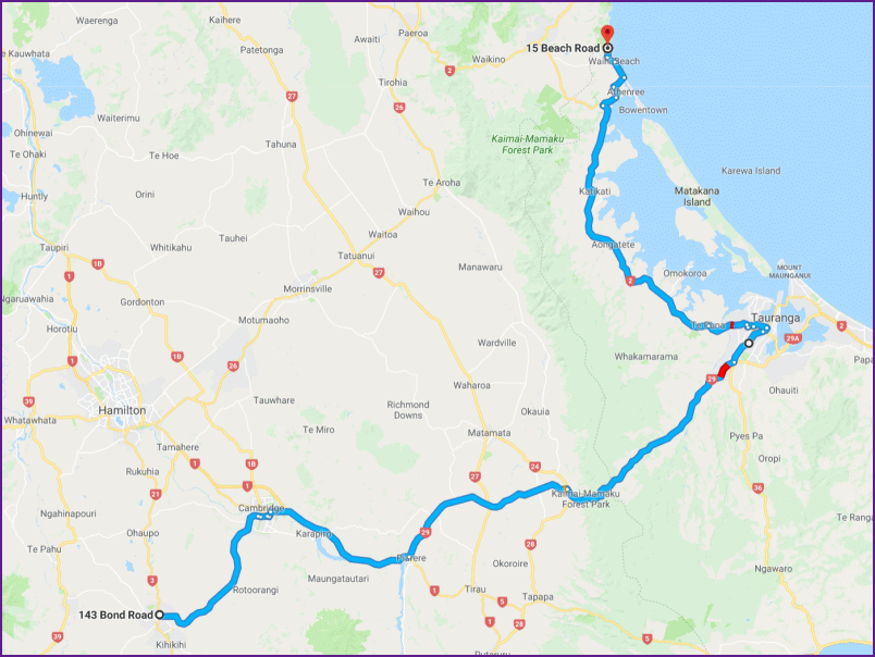 reiseroute vom 9.2.18 von te awamutu nach waihi beach