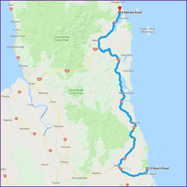 reiseroute vom 10.2.18 von waihi beach nach tairua