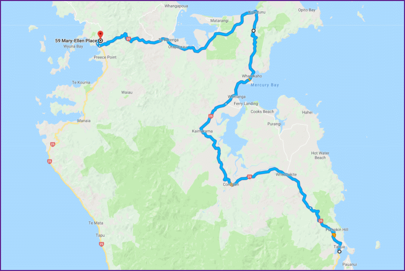 reiseroute vom 11.2.18 von tairua nach coromandel