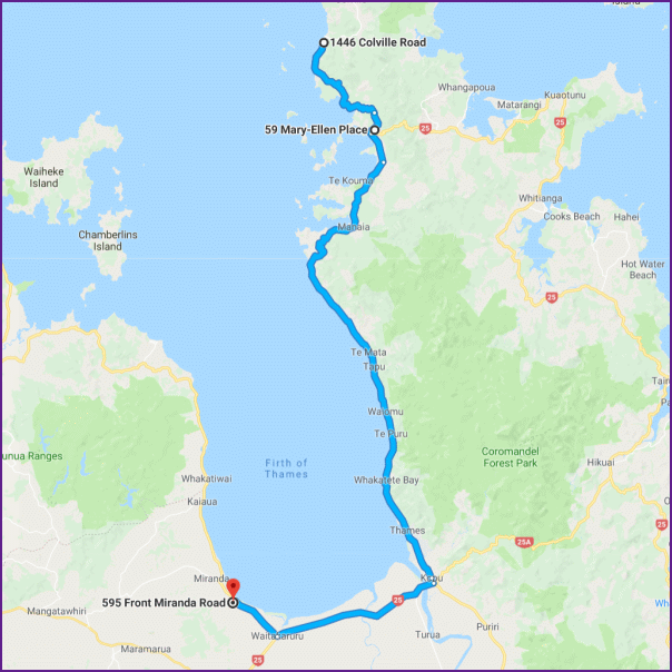 reiseroute vom 12.2.18 von coromandel nach miranda hot springs