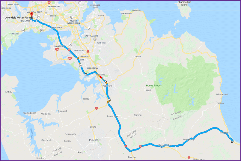 reiseroute vom 14.2.18 von miranda hot springs nach auckland