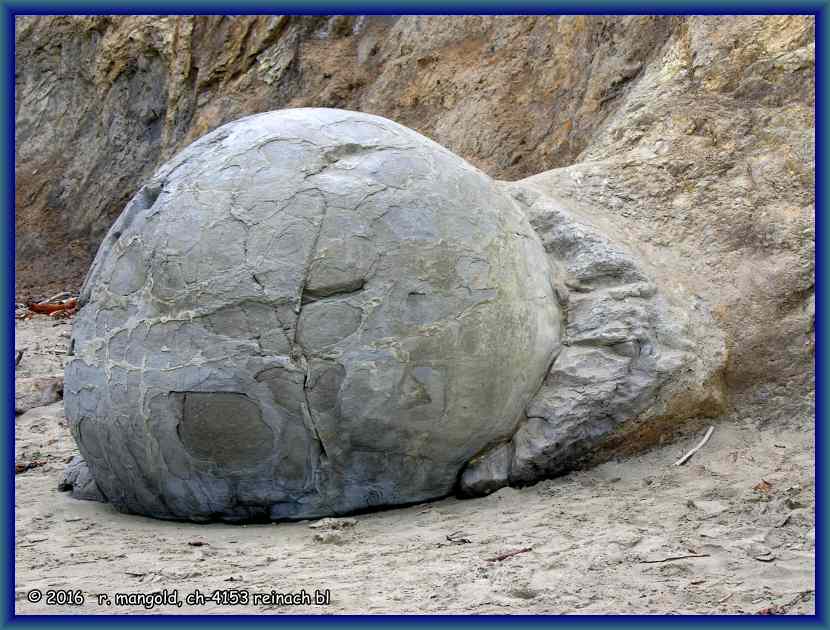 die küste bei moeraki entlässt einen weiteren boulder, aufgenommen am 23.01.2012