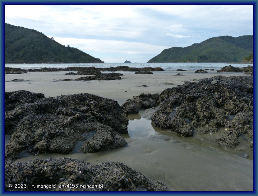 scharfkantige felsbrocken im sand der bucht von ōkiwi bay (neuseeland s&uuml;dinsel) am 19.12.2017