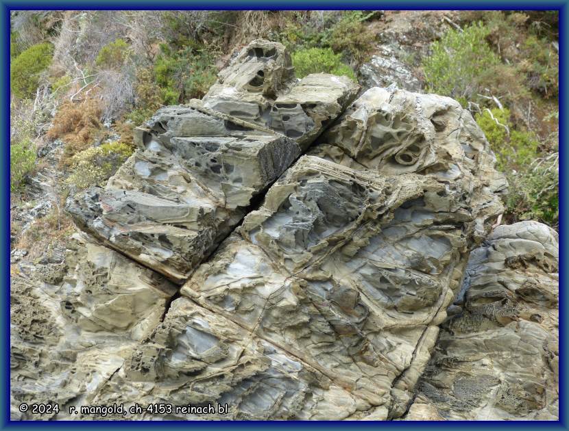 laune der natur, wunderbar geformte felsen am strand von ōkiwi bay (neuseeland s&uuml;dinsel) am 19.12.2017