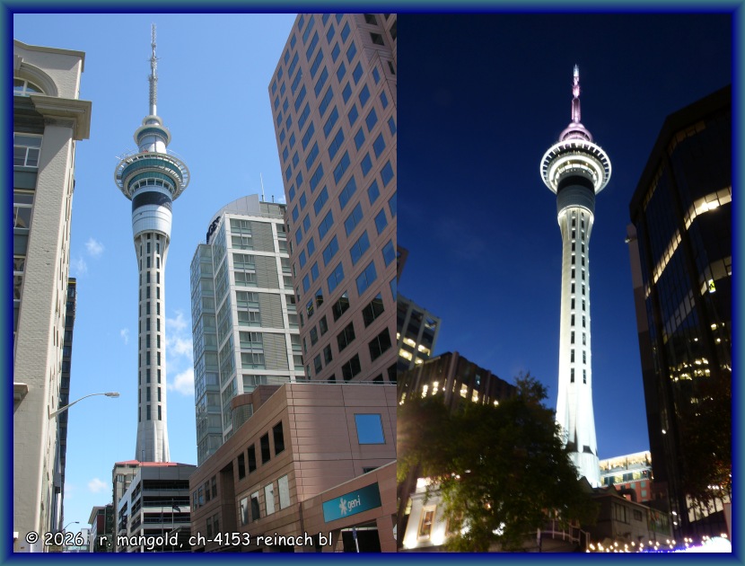 der sky-tower in auckland bei tag und bei nacht (neuseeland nordinsel) 2011 und 2017
